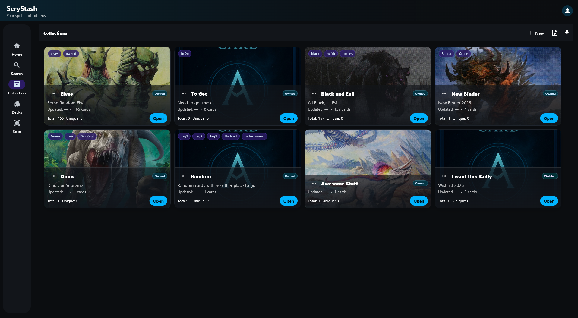 ScryStash collections screen preview